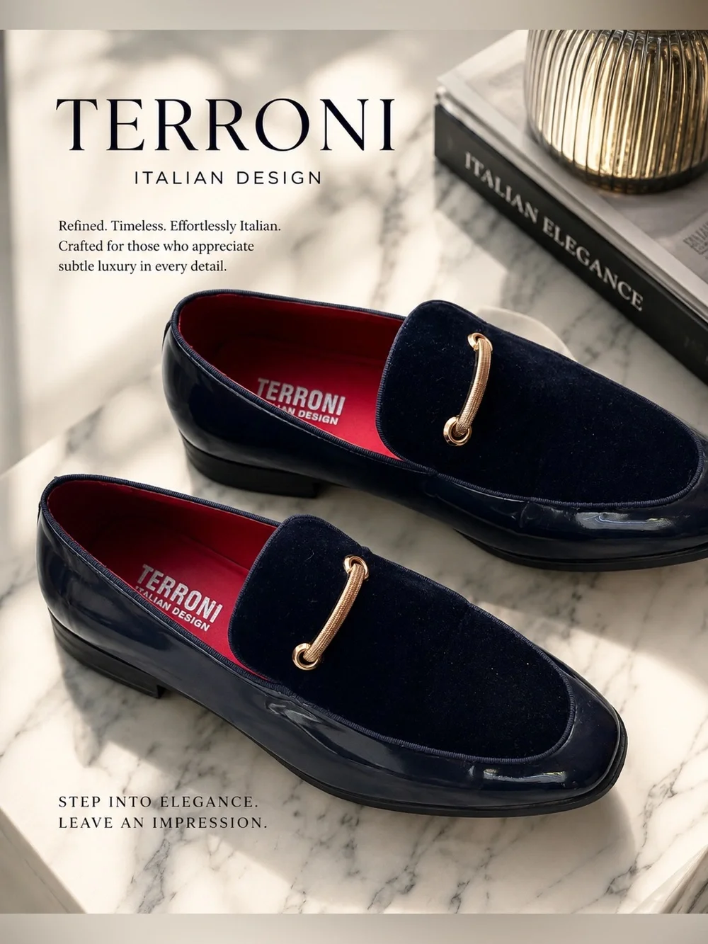 Men's Navy Velvet & Patent Slip-On Loafers with Gold Bit